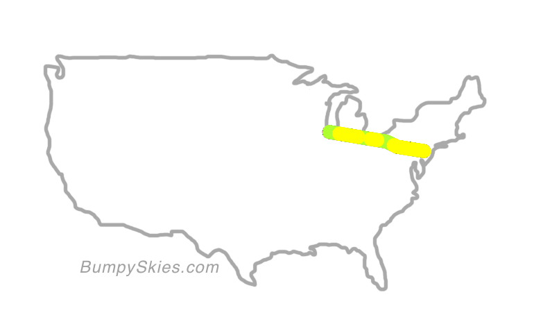 Map of continental US with illustrated flight path and turbulence forecast (described in text below)