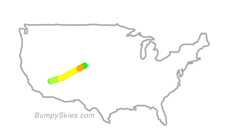 Map of continental US with illustrated flight path and turbulence forecast (described in text below)