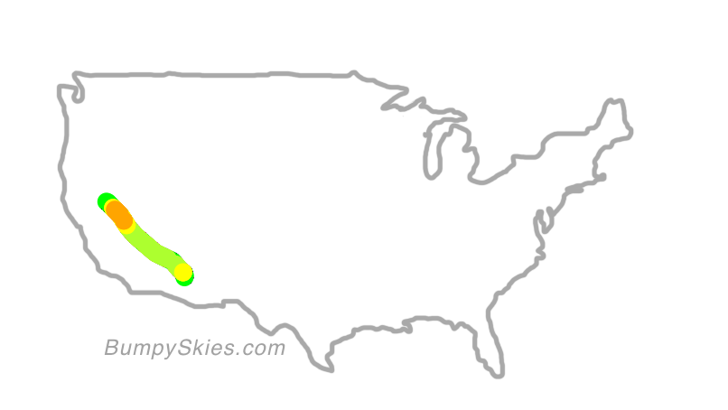 Map of continental US with illustrated flight path and turbulence forecast (described in text below)