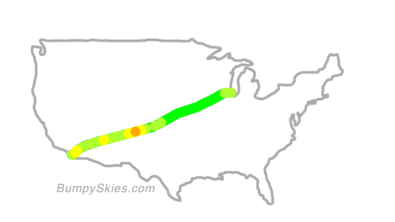 Map of continental US with illustrated flight path and turbulence forecast (described in text below)