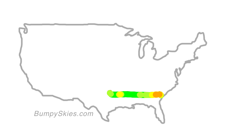 Map of continental US with illustrated flight path and turbulence forecast (described in text below)