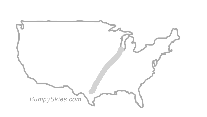 Map of continental US with illustrated flight path and turbulence forecast (described in text below)