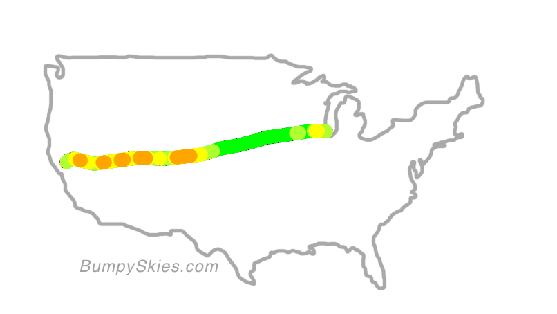 Map of continental US with illustrated flight path and turbulence forecast (described in text below)