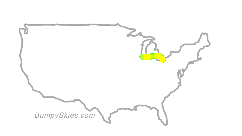 Map of continental US with illustrated flight path and turbulence forecast (described in text below)