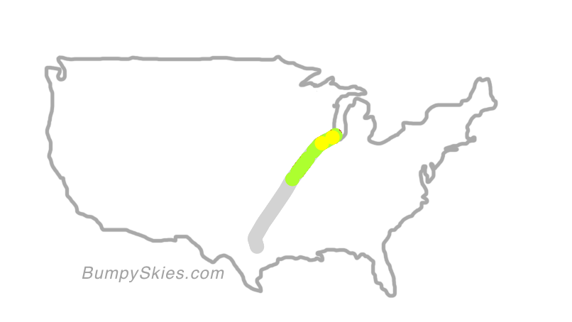 Map of continental US with illustrated flight path and turbulence forecast (described in text below)