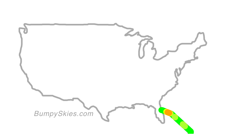 Map of continental US with illustrated flight path and turbulence forecast (described in text below)