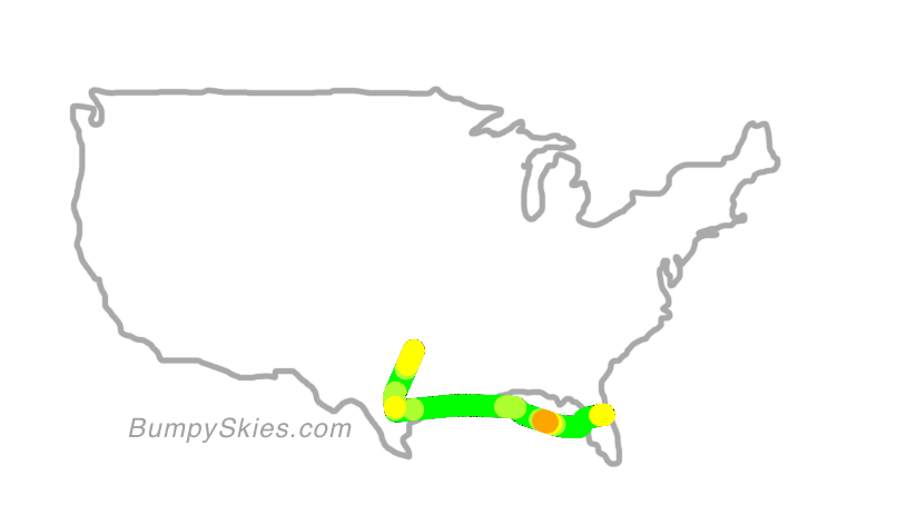 Map of continental US with illustrated flight path and turbulence forecast (described in text below)