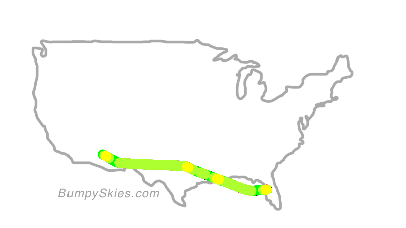 Map of continental US with illustrated flight path and turbulence forecast (described in text below)