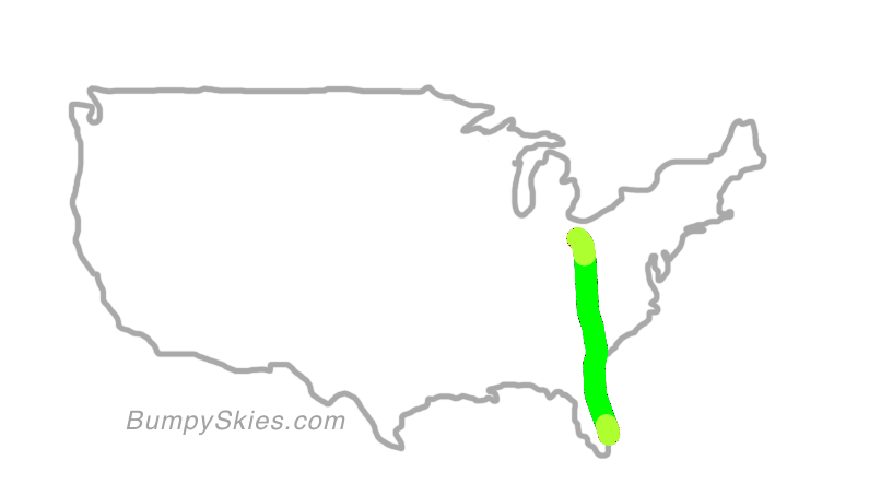 Map of continental US with illustrated flight path and turbulence forecast (described in text below)