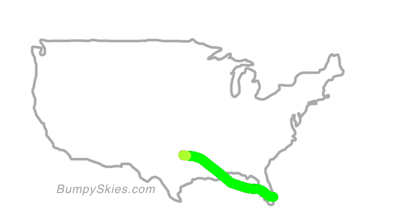 Map of continental US with illustrated flight path and turbulence forecast (described in text below)