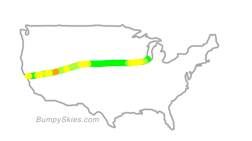 Map of continental US with illustrated flight path and turbulence forecast (described in text below)