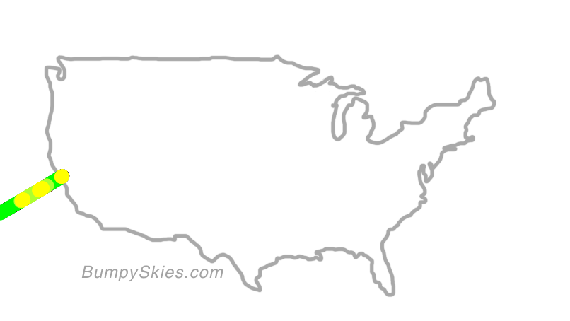 Map of continental US with illustrated flight path and turbulence forecast (described in text below)