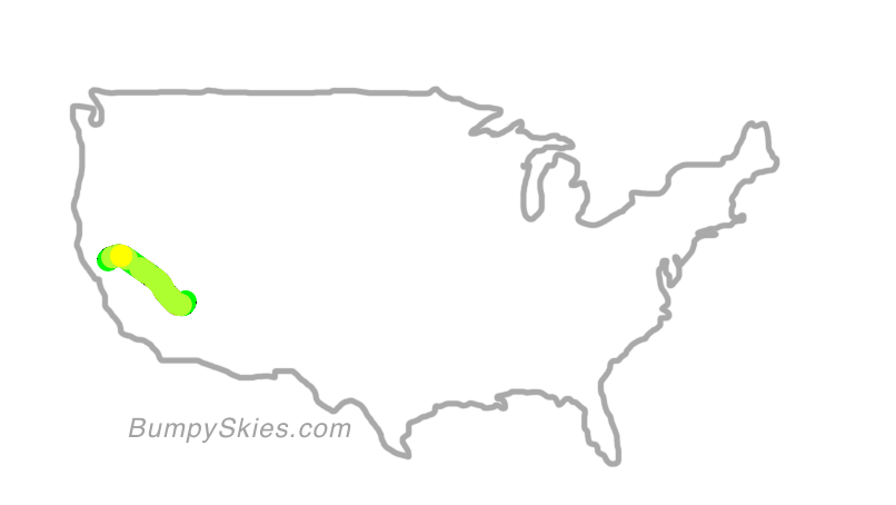 Map of continental US with illustrated flight path and turbulence forecast (described in text below)