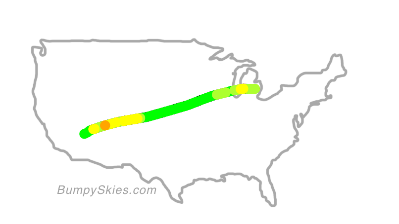 Map of continental US with illustrated flight path and turbulence forecast (described in text below)
