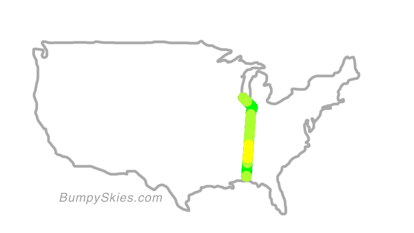 Map of continental US with illustrated flight path and turbulence forecast (described in text below)