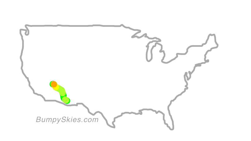 Map of continental US with illustrated flight path and turbulence forecast (described in text below)