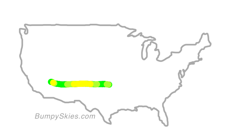 Map of continental US with illustrated flight path and turbulence forecast (described in text below)