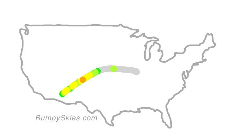 Map of continental US with illustrated flight path and turbulence forecast (described in text below)