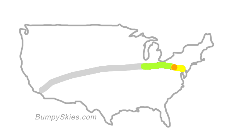 Map of continental US with illustrated flight path and turbulence forecast (described in text below)