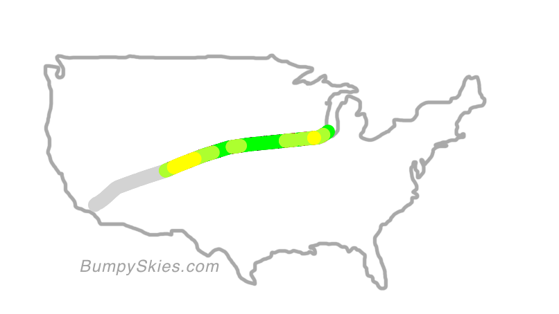 Map of continental US with illustrated flight path and turbulence forecast (described in text below)
