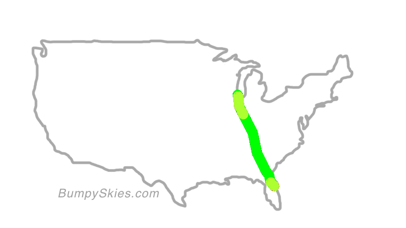 Map of continental US with illustrated flight path and turbulence forecast (described in text below)