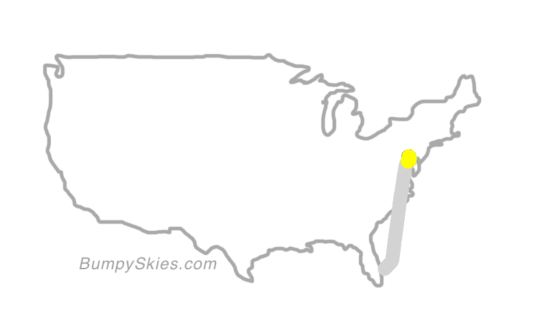 Map of continental US with illustrated flight path and turbulence forecast (described in text below)
