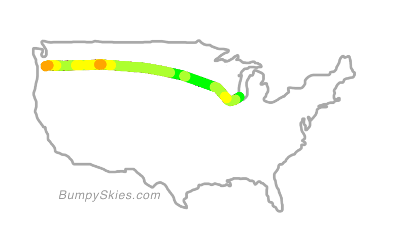 Map of continental US with illustrated flight path and turbulence forecast (described in text below)
