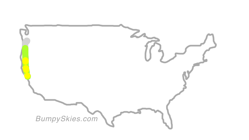 Map of continental US with illustrated flight path and turbulence forecast (described in text below)