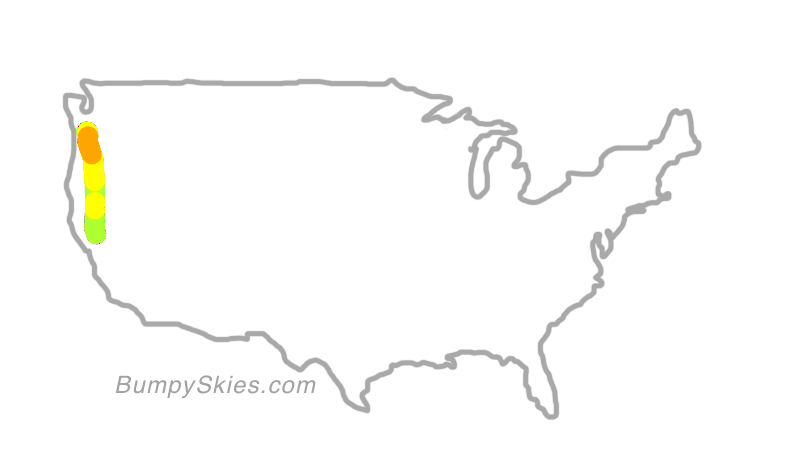 Map of continental US with illustrated flight path and turbulence forecast (described in text below)