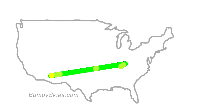 Map of continental US with illustrated flight path and turbulence forecast (described in text below)