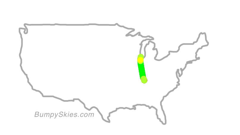 Map of continental US with illustrated flight path and turbulence forecast (described in text below)
