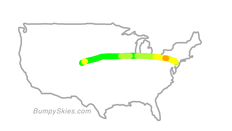 Map of continental US with illustrated flight path and turbulence forecast (described in text below)