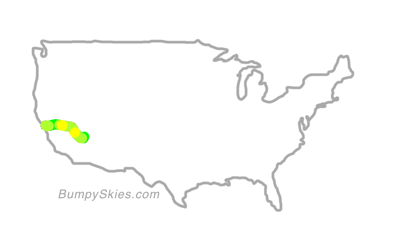 Map of continental US with illustrated flight path and turbulence forecast (described in text below)