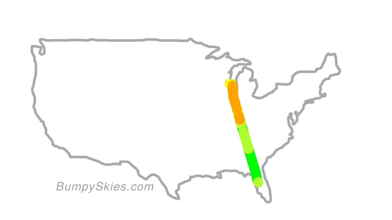 Map of continental US with illustrated flight path and turbulence forecast (described in text below)