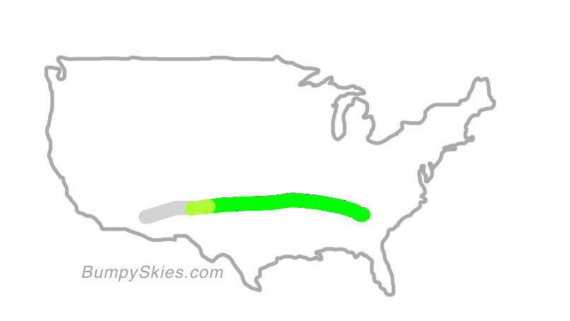 Map of continental US with illustrated flight path and turbulence forecast (described in text below)