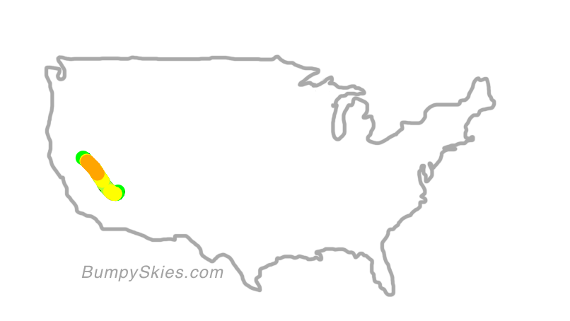 Map of continental US with illustrated flight path and turbulence forecast (described in text below)