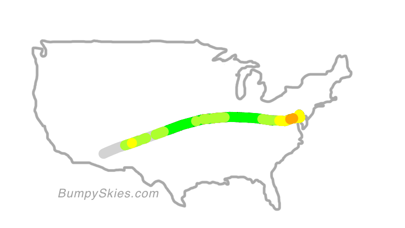 Map of continental US with illustrated flight path and turbulence forecast (described in text below)
