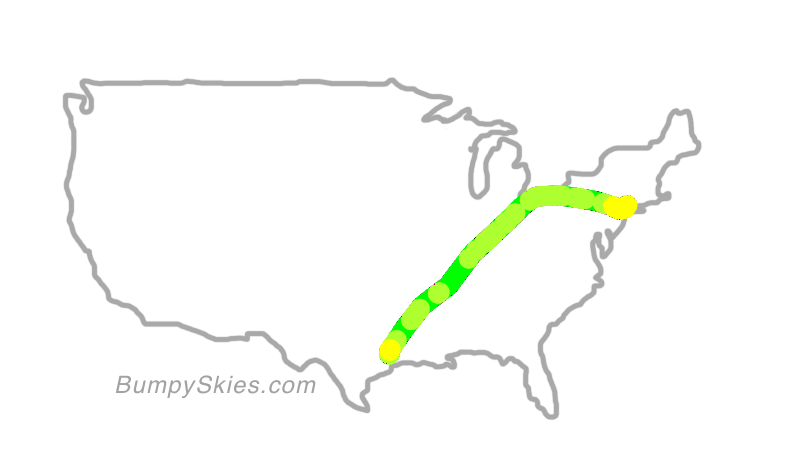 Map of continental US with illustrated flight path and turbulence forecast (described in text below)