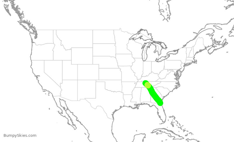 Turbulence forecast map for SWA4231, JAX to BNA