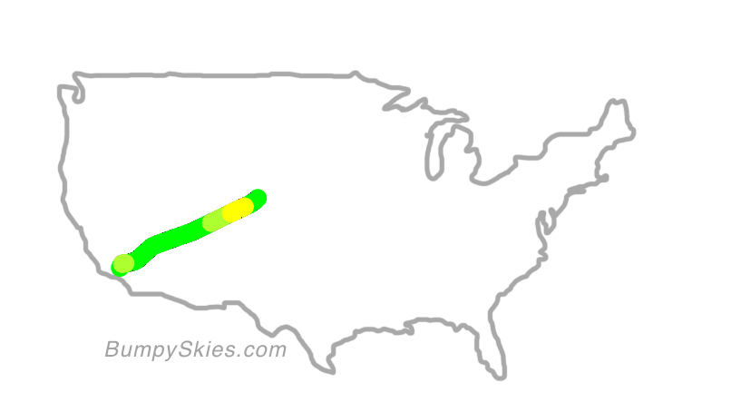 Map of continental US with illustrated flight path and turbulence forecast (described in text below)