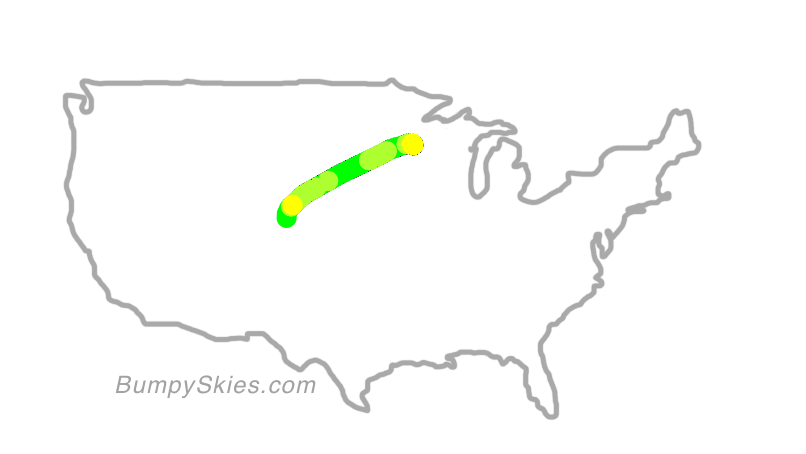 Map of continental US with illustrated flight path and turbulence forecast (described in text below)