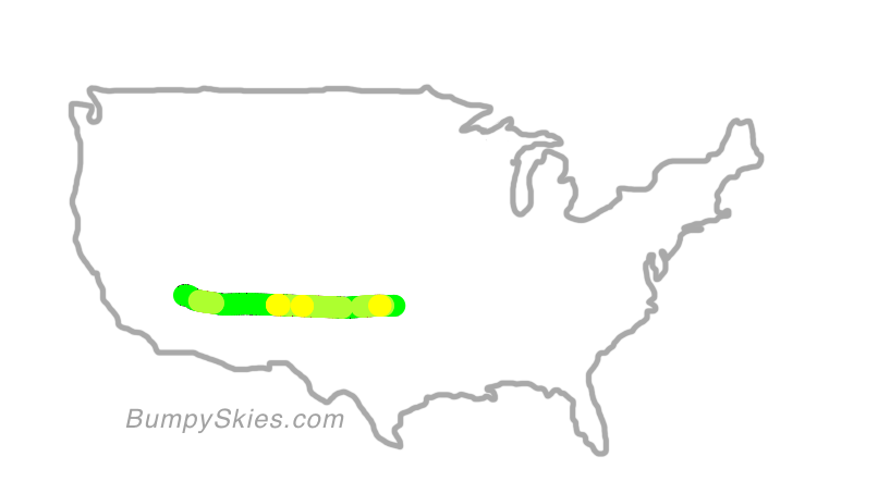 Map of continental US with illustrated flight path and turbulence forecast (described in text below)