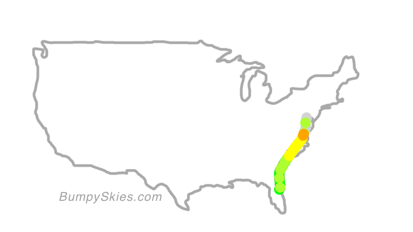 Map of continental US with illustrated flight path and turbulence forecast (described in text below)