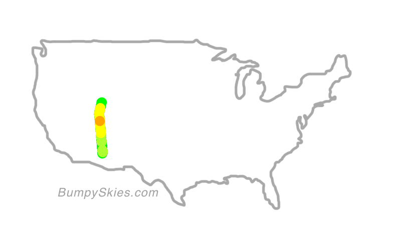 Map of continental US with illustrated flight path and turbulence forecast (described in text below)