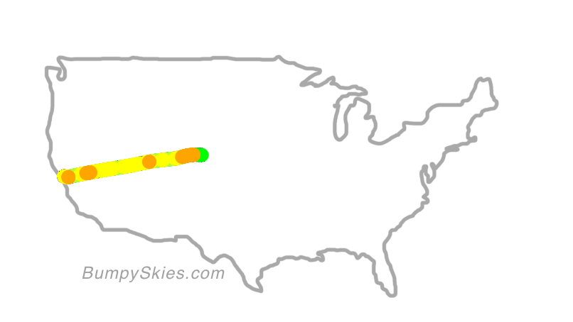 Map of continental US with illustrated flight path and turbulence forecast (described in text below)