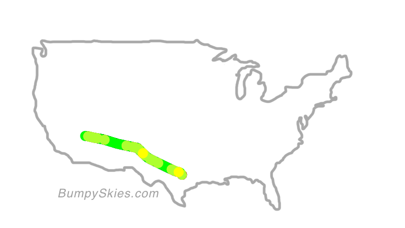 Map of continental US with illustrated flight path and turbulence forecast (described in text below)