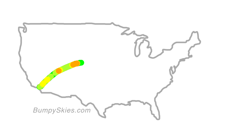 Map of continental US with illustrated flight path and turbulence forecast (described in text below)