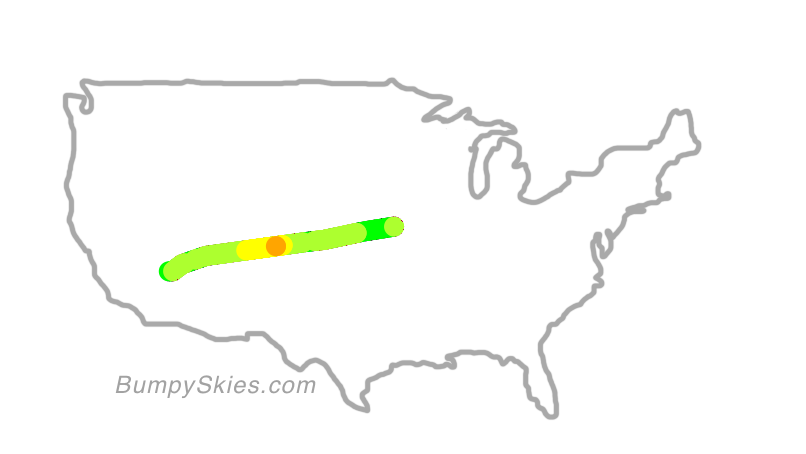 Map of continental US with illustrated flight path and turbulence forecast (described in text below)