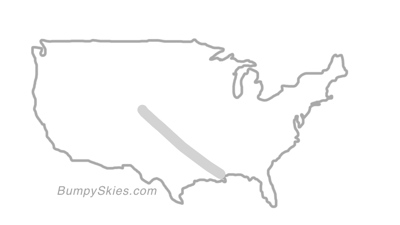 Map of continental US with illustrated flight path and turbulence forecast (described in text below)