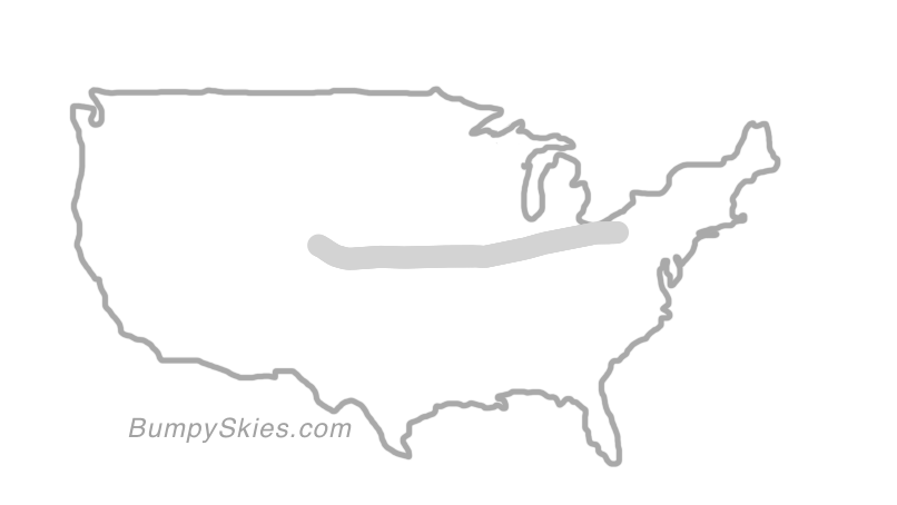 Map of continental US with illustrated flight path and turbulence forecast (described in text below)